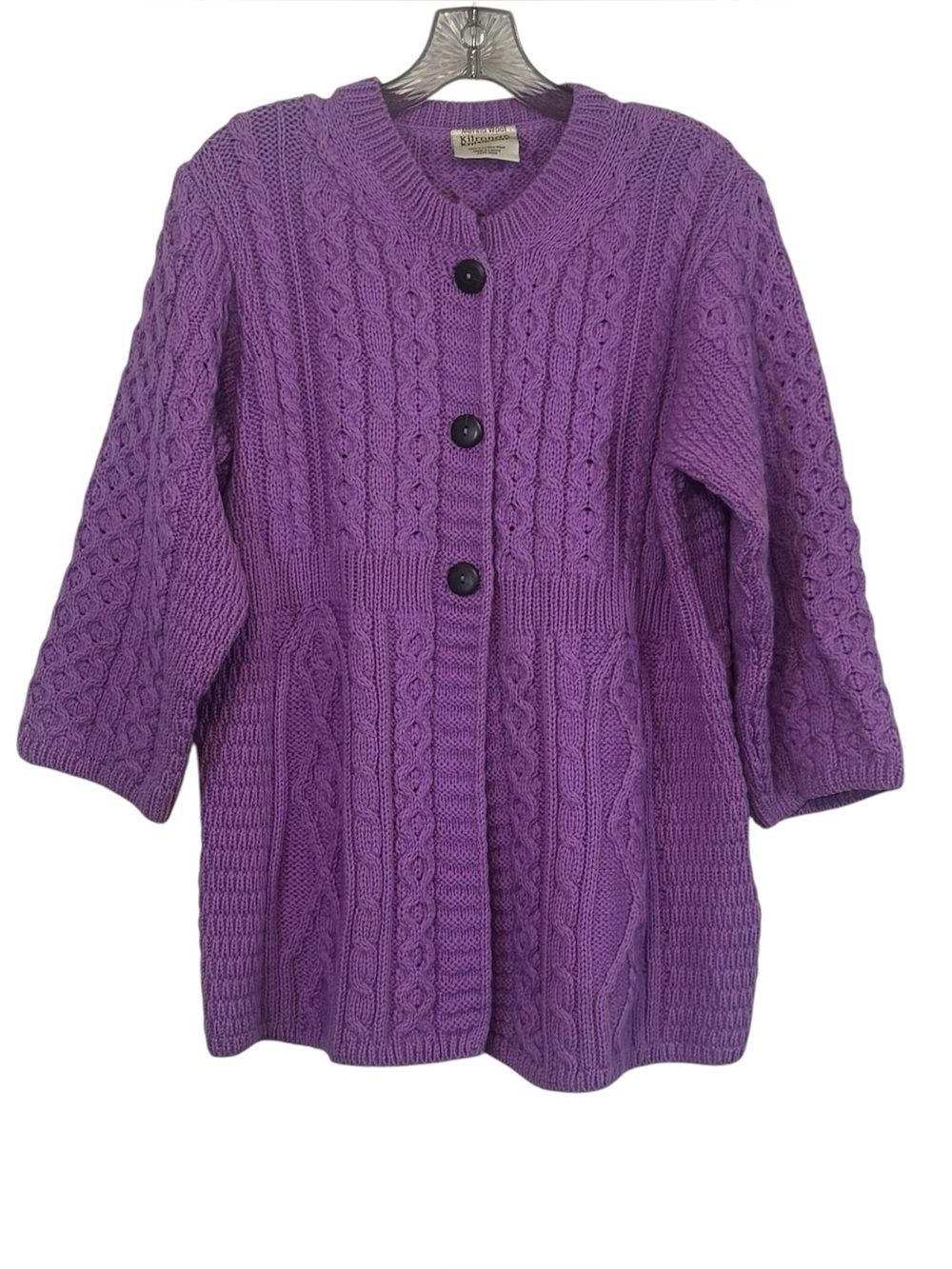 Kilronan Irish Merino Wool Aran Cable Knit Cardigan Sweater 3/4 Sleeves Orchid